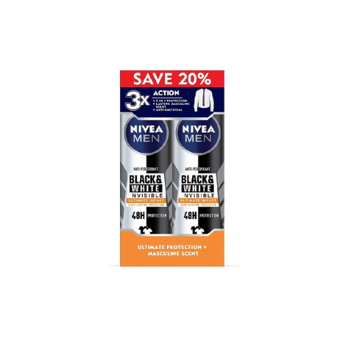 2x150ml Nivea Men Deodorant Spray Black & White Ultimate Impact